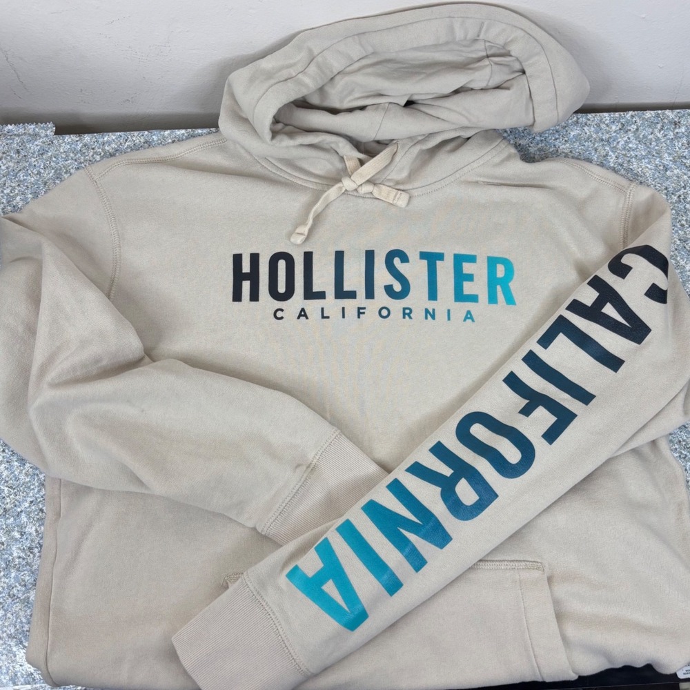 Hollister Hoodie Mens Large Beige Cotton California Graphic Logo Sweatshirt